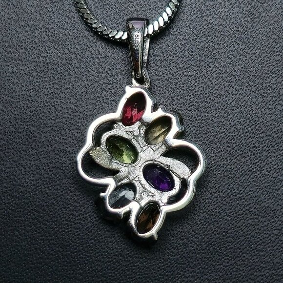 Multi Gemstone Cluster Pendant Necklace in Stainless Steel - Picture 3 of 5